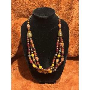 Vintage 3 Strand Stunning Beaded Necklace Boho Chunky Retro Amber Yellow Brown